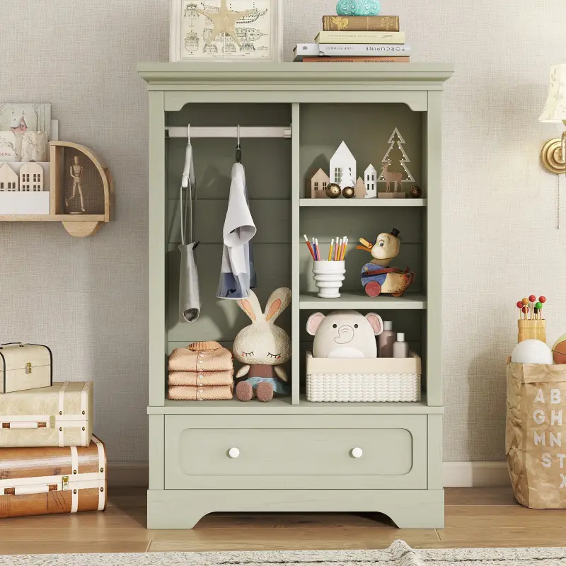 Open children's wardrobe with a hanging rod and open shelves one large drawer low design close to the ground for easy access Green.