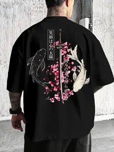 1 Men's Black Oversized Kimono Tee, Japanese Koi Fish & Samurai Sword Graphic Print, Floral Sakura Blossom Design, Ideal for Casual Daily & Urban Looks, Menswear
