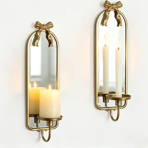Candle Sconces Wall Decor: Modern Decorative Wall Candle Holder Set of Two for Bedroom - Vintage French Metal Bow Mirror Sconces Beside Fireplace TV