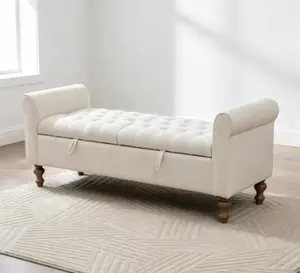 65.75" Wide Modern Upholstered Storage Bench with Double Lids, Napped Fabric Footstool, Rolled Armrests & Rubberwood Legs for Living Room, Bedroom