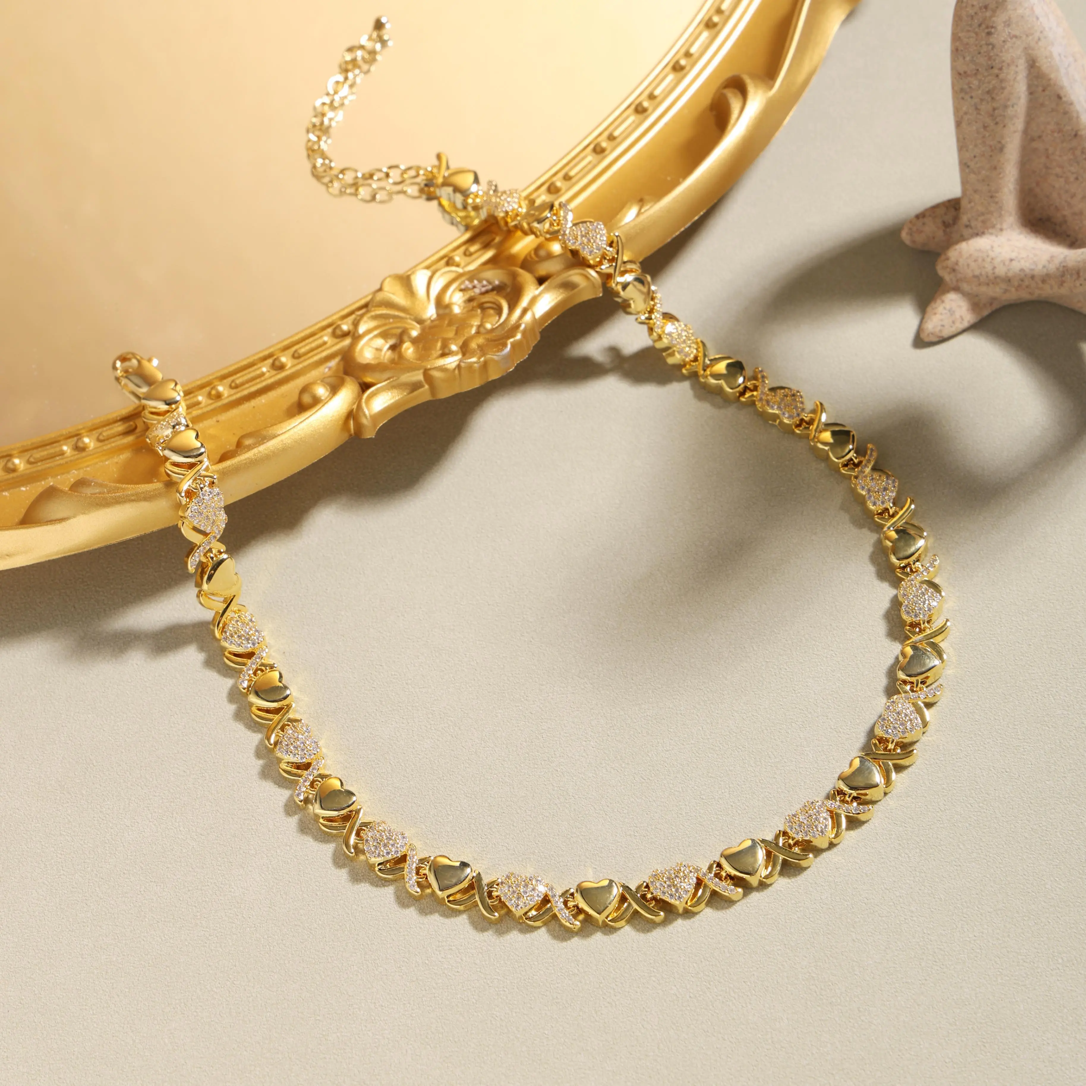 Women's XOXO Heart Necklace - Gold-Tone Cubic Zirconia Pendant with Adjustable Multi-Size Chain, Casual Daily Wear Jewelry Gift for Adults tiktokshopbacktoschool