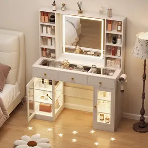 Led Light White Vanity Desk with Mirror and Lights, Glass Top Vanity with Lighted Mirror & RGB Cabinet and 3 Drawers, Dressing Table with 8 Shelves, Modern makeup vanity，Makeup Desk with Lights for Girls Bedroom,