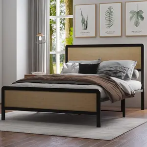 【GARVEE】Rattan Queen Size Bed Frame with Natural Cane Headboard, Boho Platform Bed Frame, No Box Spring Needed, Noise-Free, Easy Assembly, Natural