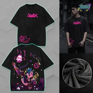 Jinx Arcane Graphic Tee Hoodie Double-Sided, Vintage Washed Cotton Crewneck T-Shirt Tank Top, Gaming Streetwear Unisex Casual Outfit, Movie Game Shirt Everyday Style