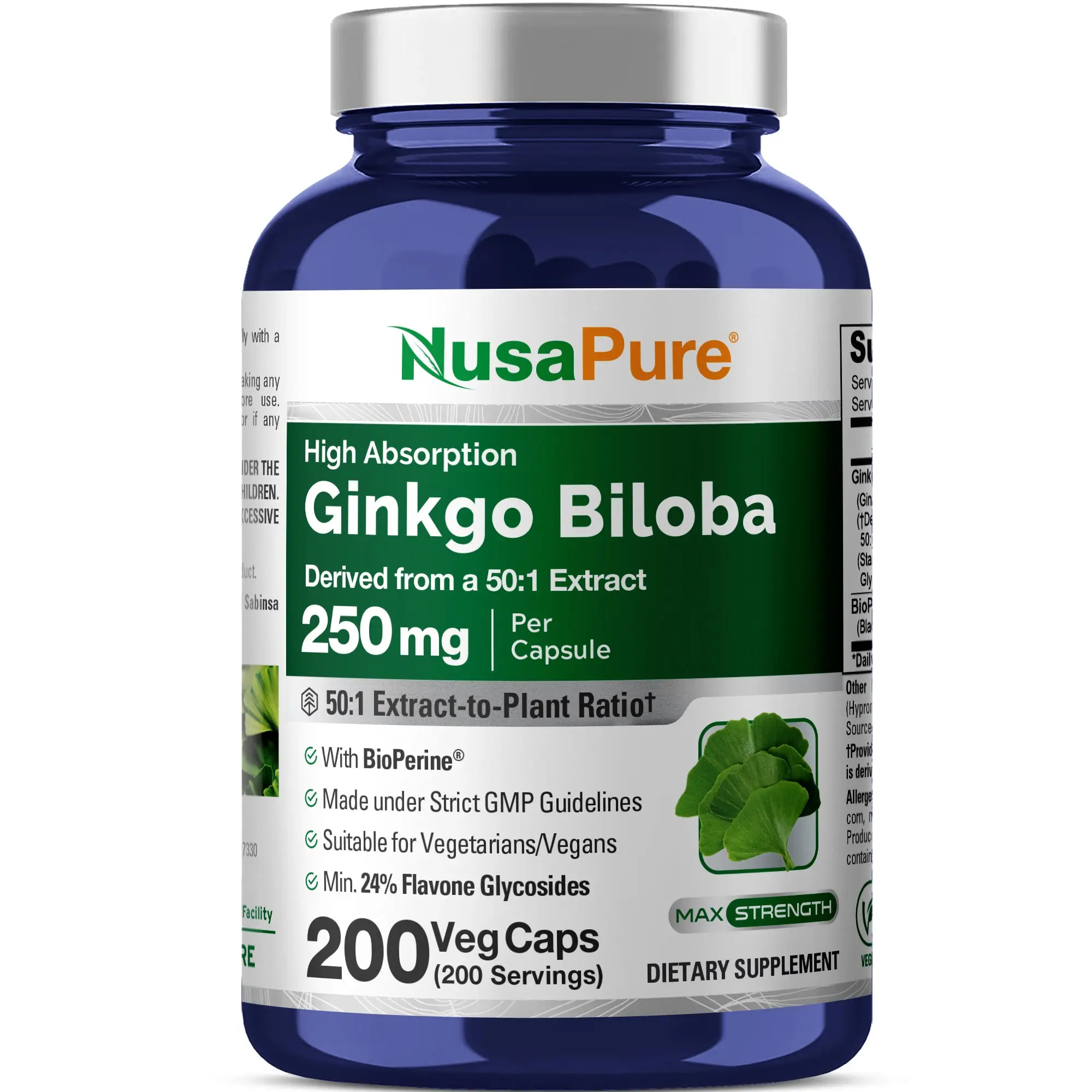 NusaPure 50:1 Ginkgo Biloba Extract Nutritional Health Supplement, 250mg Veggie Capsules (200 Count) - Natural Daily Nootropic Brain Support, Antioxidant Boost, Cognitive/Mood/Vision Care, Vegan, Vegetarian, Non-GMO, with Bioperine
