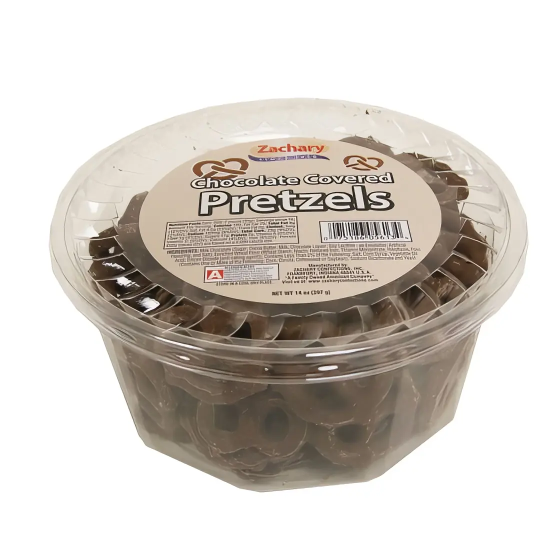 Zachary Brand Chocolate Covered Pretzels - 14 oz Container of Sweet Snacks for Parties and Events Milk Crunchy Dessert Bonbon