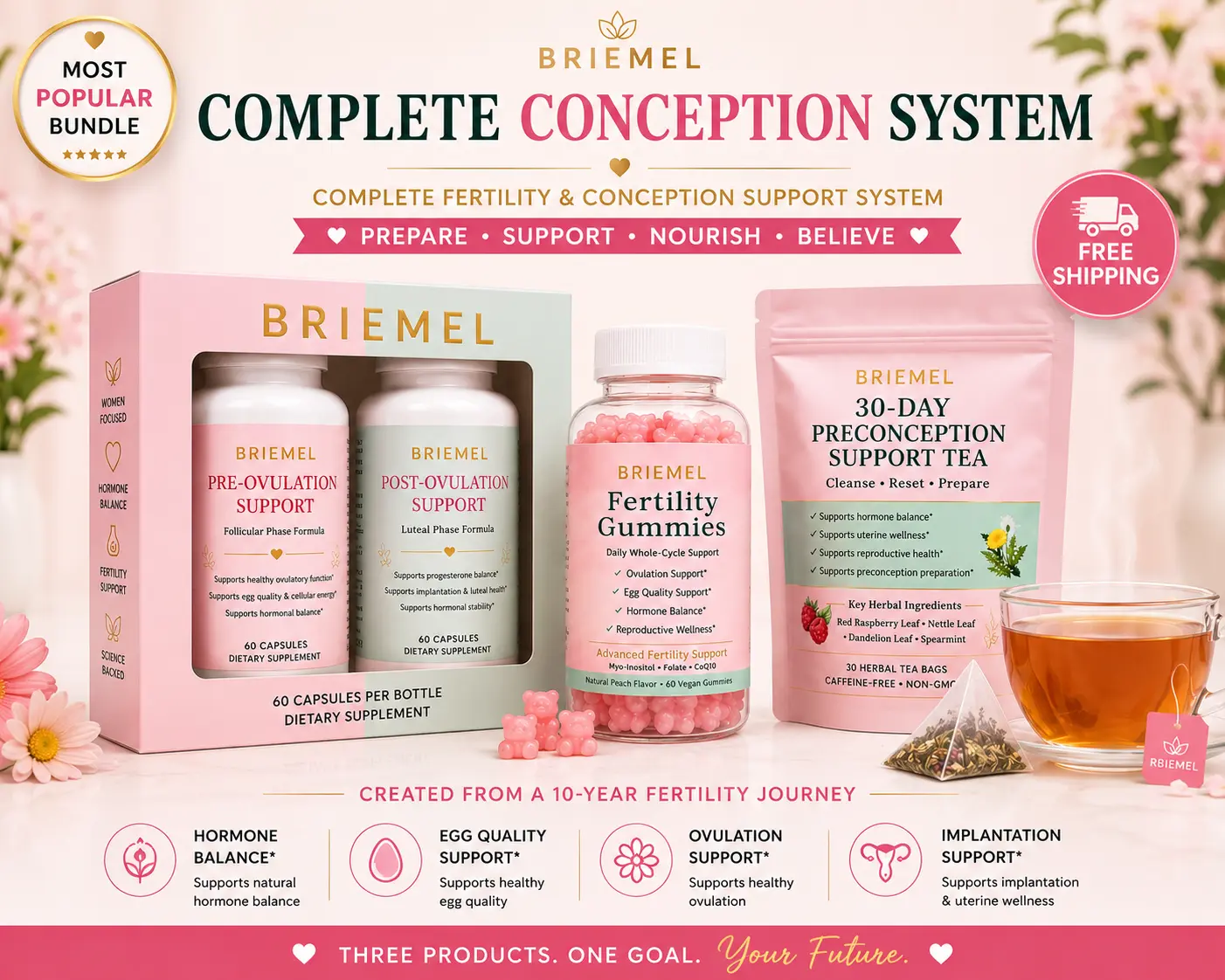 Natural Fertility Support Herbal Supplements 4-Item Set - Gluten-Free, Prop 65 Safe Multiple Items Bundle with Herbs-Infused Tea, Gummies, Capsules for Daily Wellness
