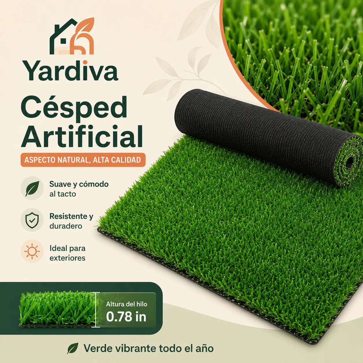 Yardiva Premium 0.78in Artificial Grass Turf - Dense Synthetic Lawn with Drainage, 10-Year Durability for Dogs, Backyard Use