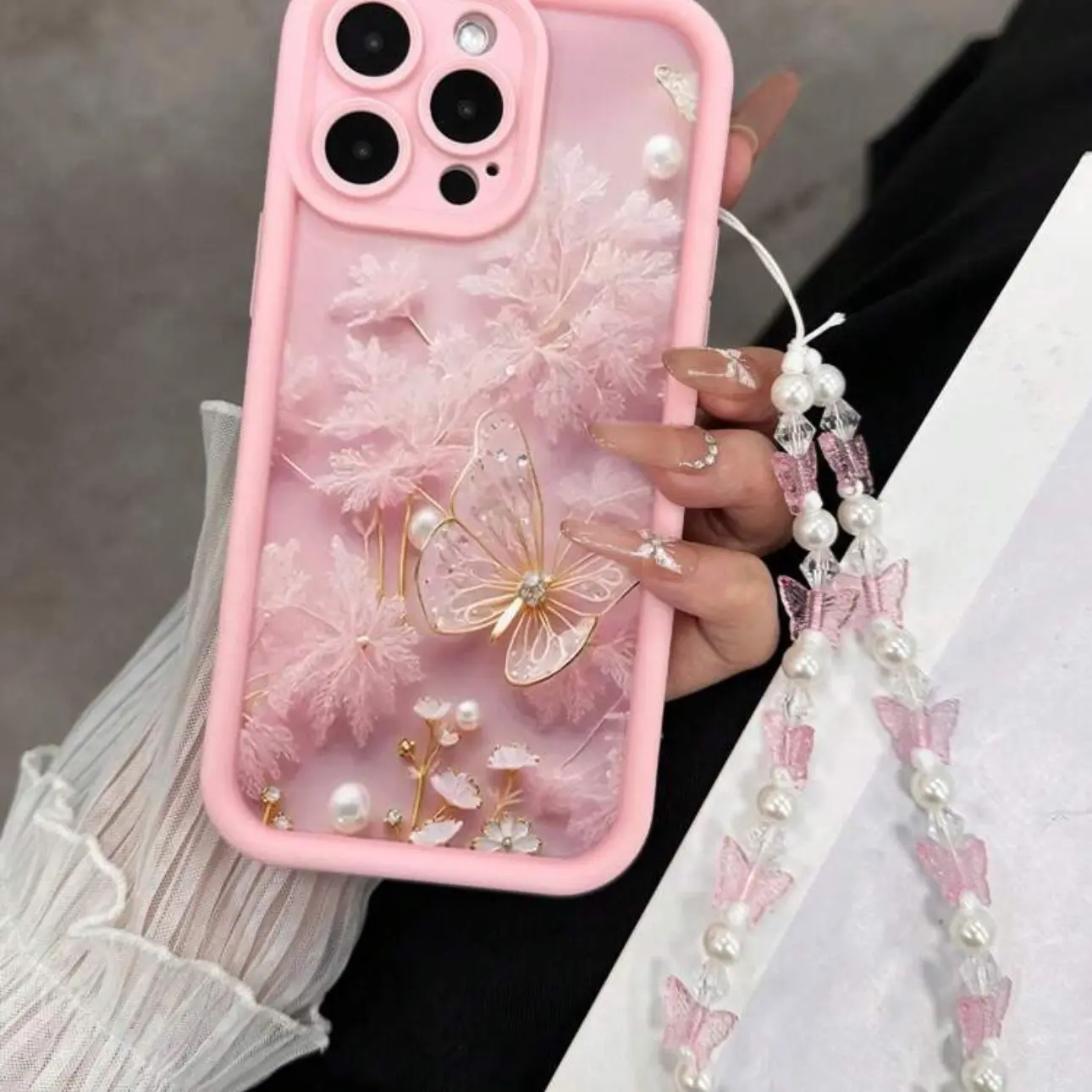 Butterfly Floral Flower Pattern Butterfly Lanyard, Accessories, Anti-Drop Full Coverage Protective Case, Gift for Girlfriend, Elderly, Lover, Compatible with iPhone, Smartphone