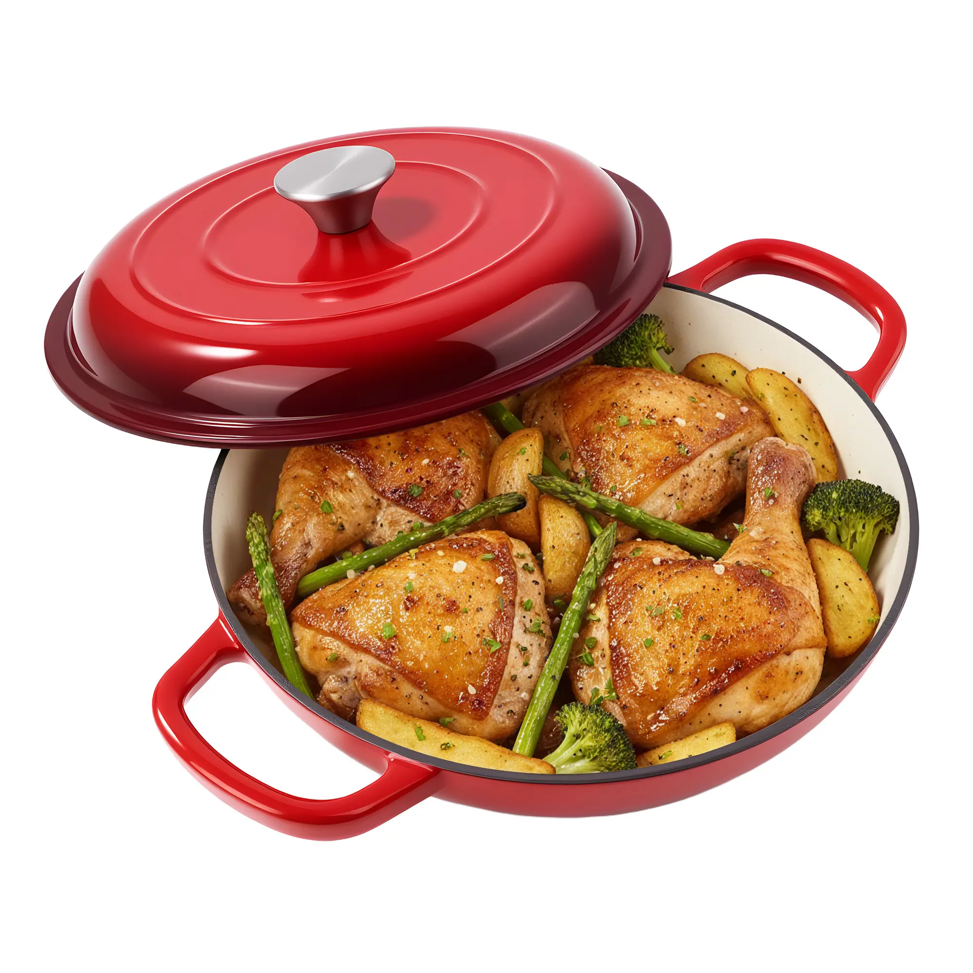 3 Quart Cast Iron Dutch Oven for Cooking/Stewing Enameled Nonstick Dual Handles Oven & Stovetop Friendly Red Finish