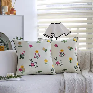 CANIRICA 2-Pack Floral Embroidered Throw Pillow Covers 18x18inch, Piping Edge, Cotton Made, Breathable Couch Cushion Covers for Living Room & Bedroom Decor w/ Invisible Zipper Farmhouse Pillowcase Home Decor