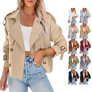 Women’s cropped double-breasted trench coat with shoulder sleeves and an office-ready cut, featuring pockets