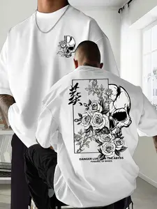 Men's Summer Skull Rose Graphic Print Short Sleeve Round Neck T-Shirt, Streetwear Casual Comfortable Top for Outdoor Wear, Fitted Long Clothing