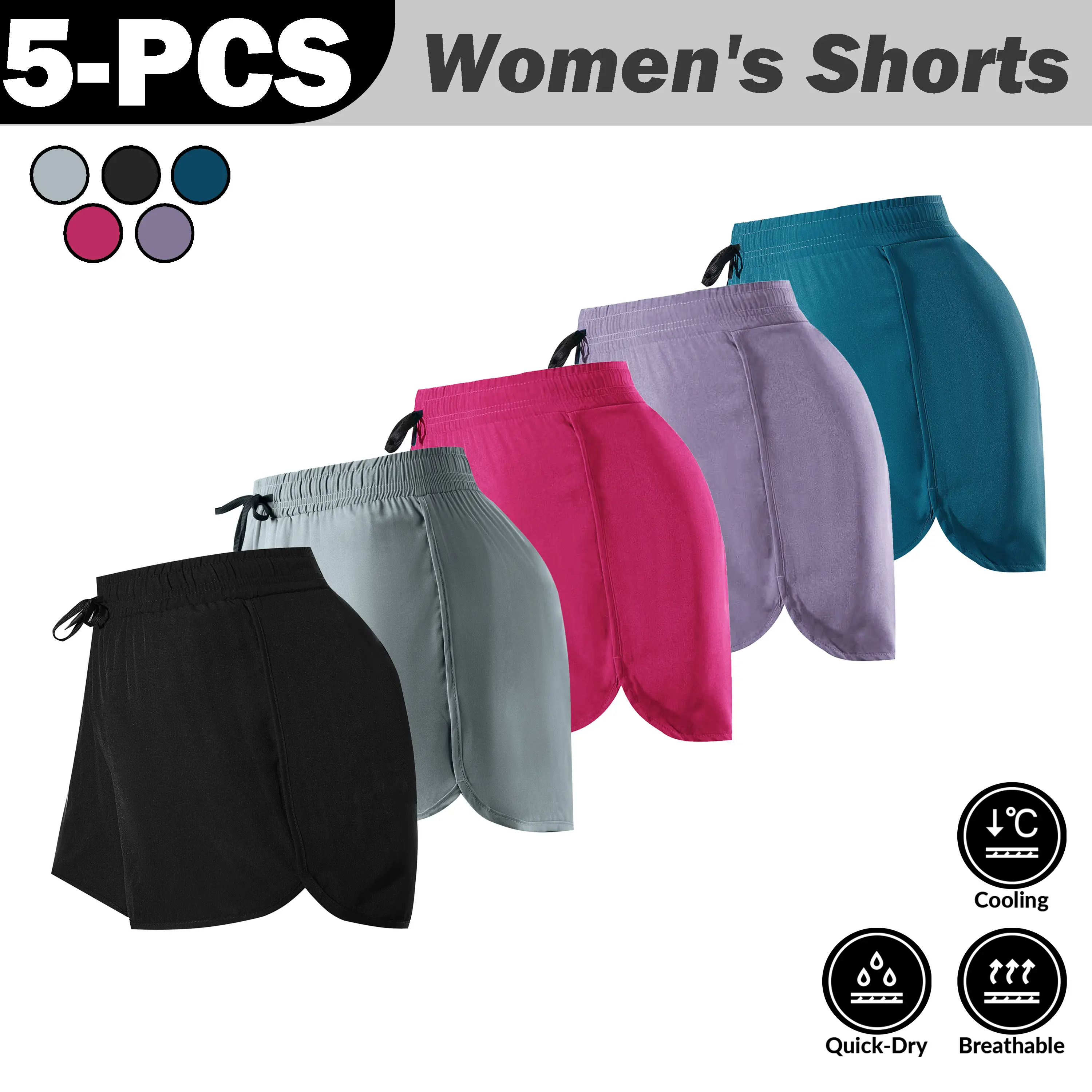 Women's 5-Pack Loose Fitting Polyester Shorts, Quick Dry Athleisure Women's Clothing for Yoga, Fitness & Outdoor Wear, Loose Fitting Shorts, Athleisure Shorts