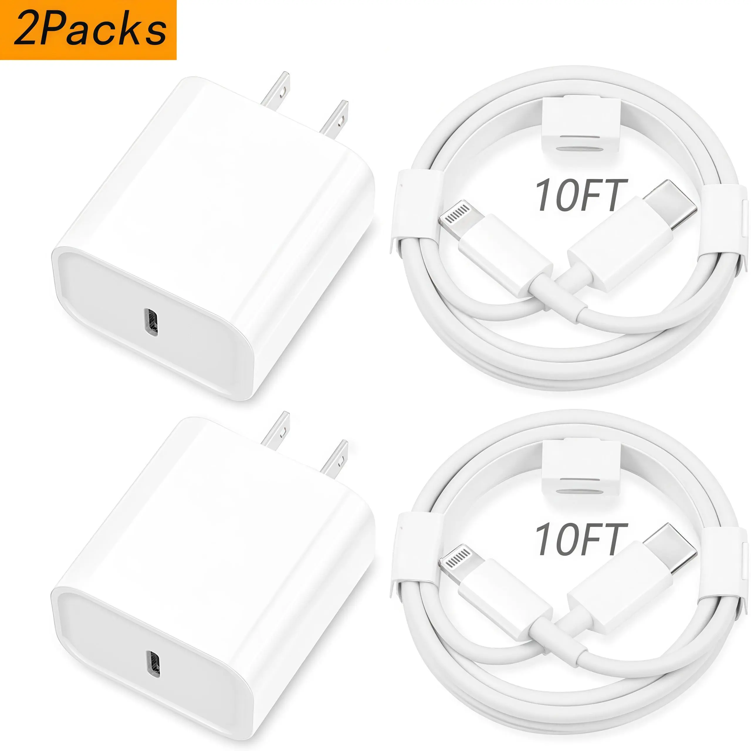 [MFi Certified]10FT/6FT Super Fast Charging 2-Pack Type-C Wall Charger Block with 2-Pack USB-C to Lightning Cable for iPhone 14/13/12,AirPods Pro, Mobile Smartphone