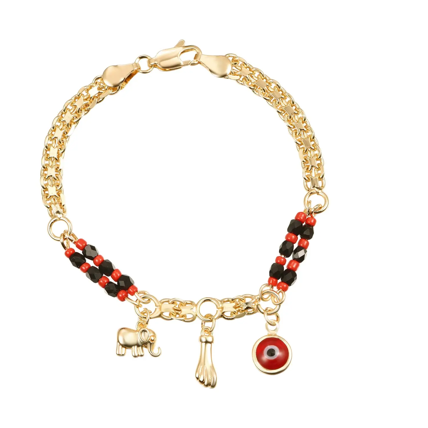 Unisex 18K Gold Plated Evil Eye Red Eye Bracelet and Anklet Set, Gold Bracelets with Cross Pendant, Round Beads Chain, for Daily Wear