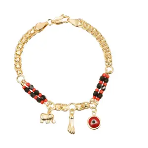 Evil Eye Red Eye Bracelet and Anklet with Cross Pendant and Round Bead Chain, 18K Gold Plated