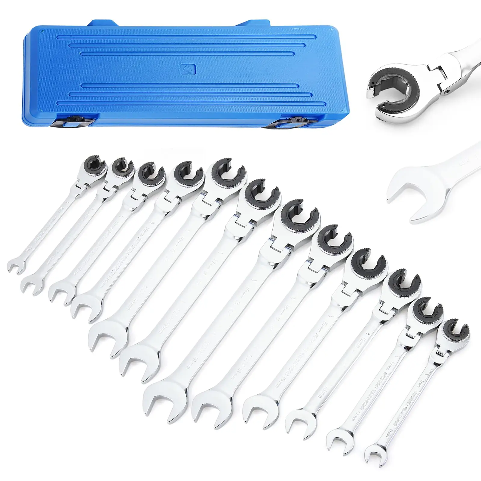 12-Piece Metric Open-End Flex-Head Ratcheting Wrench Set, Cr-V Steel with 72-Tooth Gear, Ratchet Handle, Storage Box - Ideal for Fuel, Brake Lines (8-19mm), Tubing ratchet wrench set, Combination Wrench