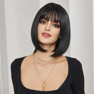 12'' Short Bob Wig with Flat Bangs – Synthetic Straight Wig for Women, Natural Black, Realistic Cosplay & Daily Wear Hairpiece for Parties and Costumes