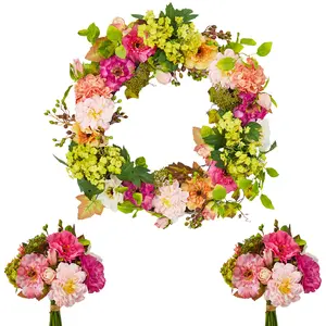 Multi-Size Artificial Spring Peony Hydrangea Wreath, Rattan Base Lush Greenery Wreath, Rustic Farmhouse Decor for Wall, Entryway and Porch