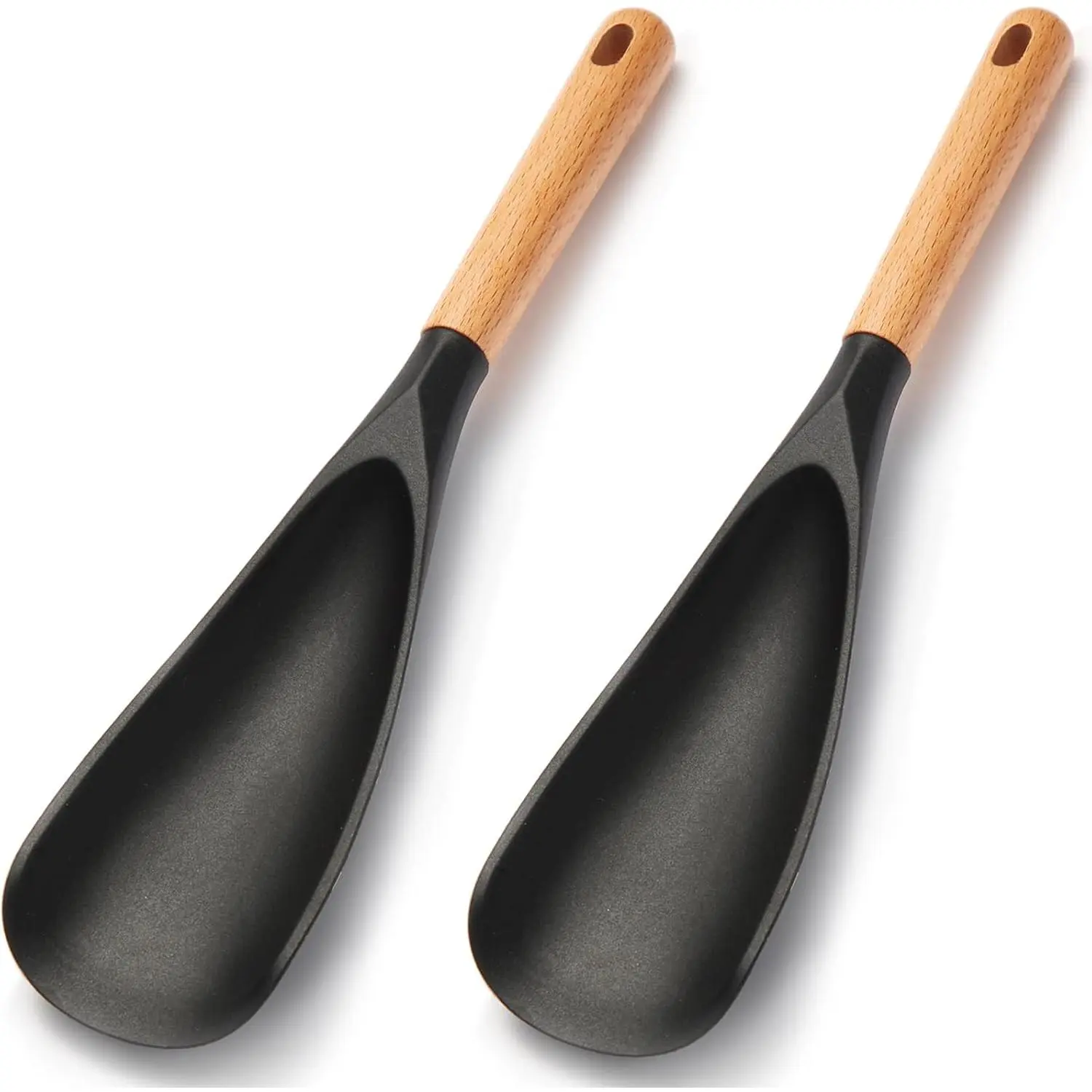 2-Pcs Kitchenware Utensils Set - Heat-Resistant Nonstick Cookware Spoons with Wooden Handles for Mixing, Flipping (11.4'' Black)