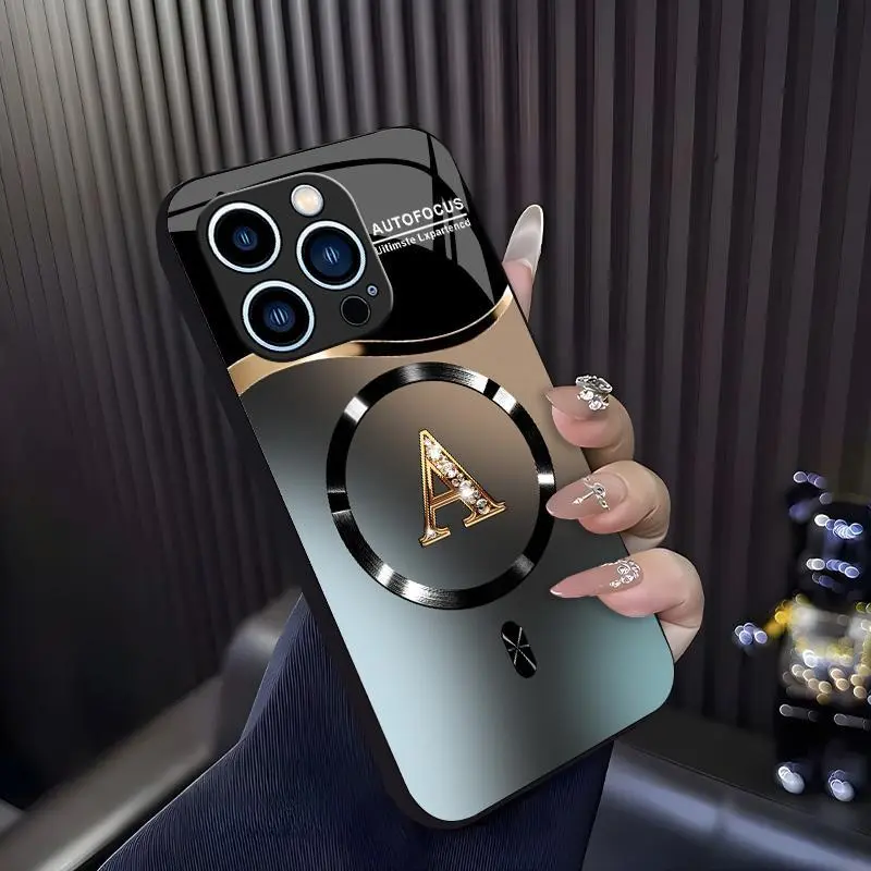 Luxury Monogram Gradient Metallic MagSafe phone Case with Bling Rhinestone Initial Camera Guard for iPhone 17/16/15/14/13/12/11 Pro Max 985