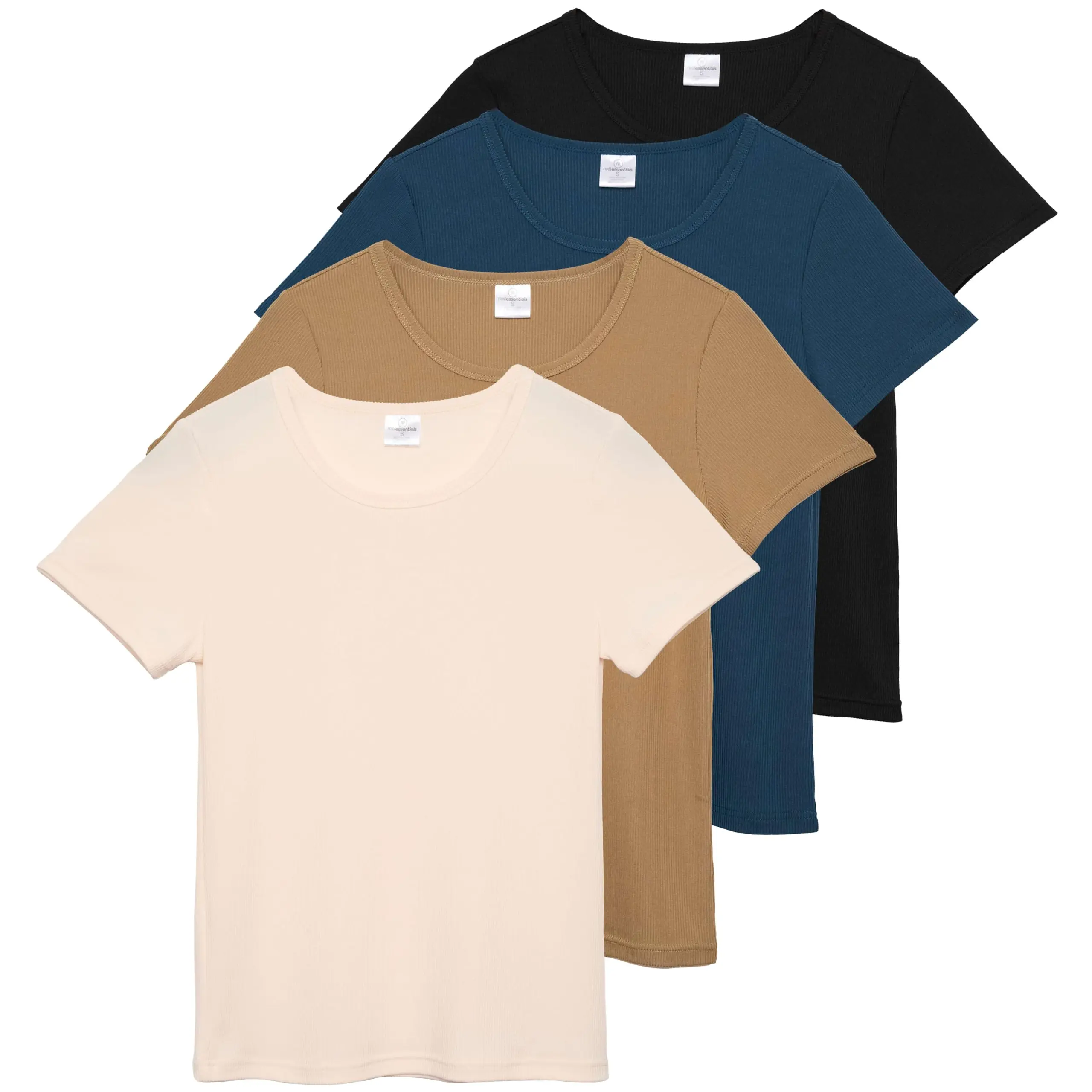 Real Essentials 4 Pack: Women's Ribbed Knit Short Sleeve Crew Neck T-Shirt (Available in Plus)