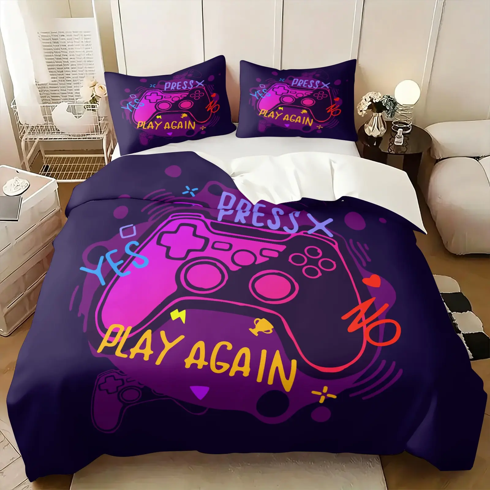 2/3Pcs Cool Gamer Video Game Controller Duvet Cover Set, Neon Graffiti Red Blue Lightning Comforter Cover, Gamepad Pattern Bedding Set with Pillowcases, No Filler, For Boys Teens Gamers Game Room Bedroom Home Decor