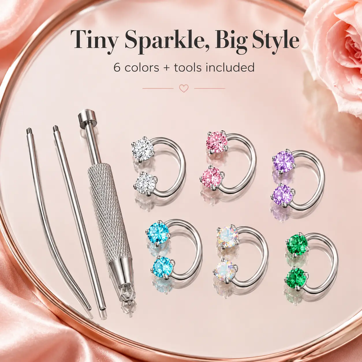 Stainless Steel CZ Nose Rings Hoops - 6-Piece Crystal Internally Threaded Horseshoe Piercing Set with Gemstones, Free Tool & Guiding Needle for Daily Secure Fit Wear Gift,sohochic