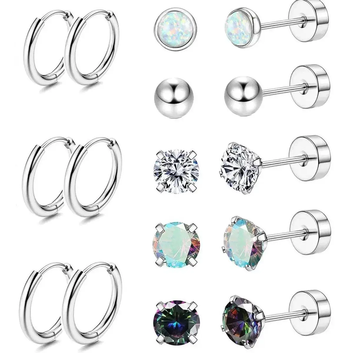 Oufer Women's 16PCS Stainless Steel Basic Earring Stack - 8 Hoop, 10 Stud Pieces, Affordable Fashion Feminine Aesthetic Jewelry Stack for Casual Wear