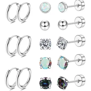 Oufer 16PCS Stainless Steel Earrings Pack with 8 Hoops and 10 Studs
