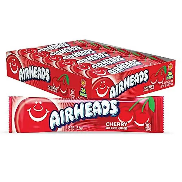 Airheads Full-Size Candy Bars, Taffy Candy Pack, Individually Wrapped Bulk Candy, Cherry Flavor Artificially Flavored, 36 Count Box