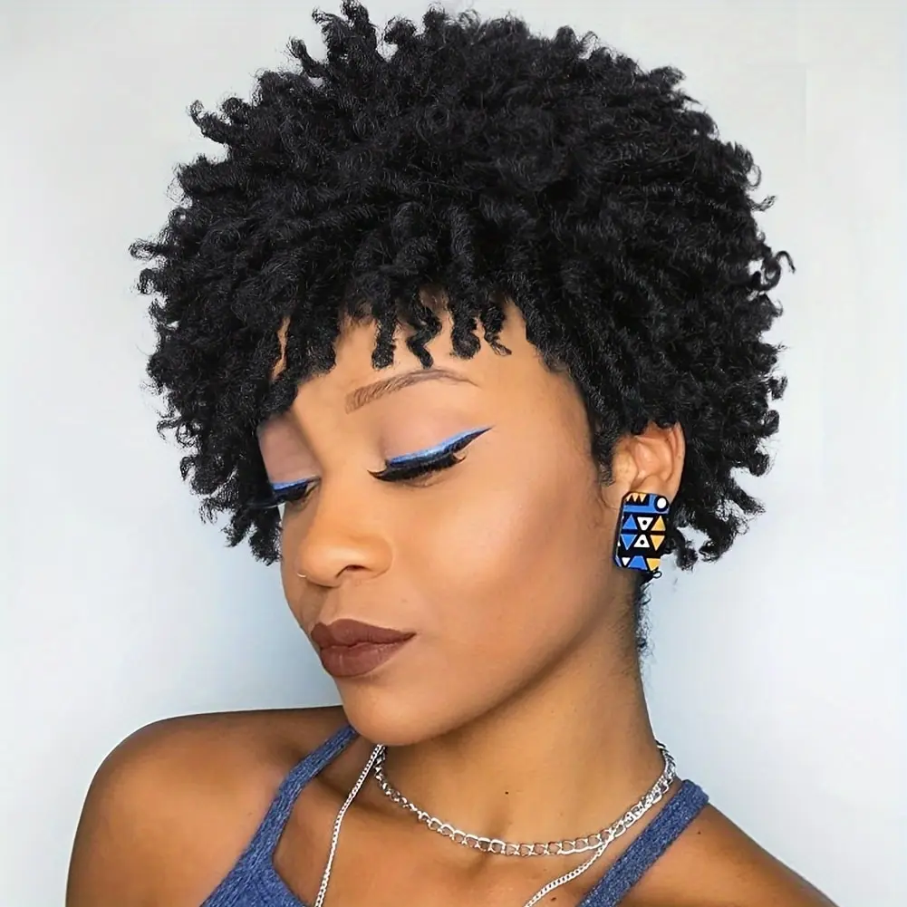 Women's Curly Braided Short Afro Kinky Synthetic Full Machine Wig - Afro Kinky Braids, Soft Locs, Breathable Mesh, Natural Look, Adjustable Straps, Daily, Wedding & Concert Use