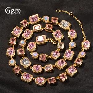 Hip hop Jewelry 10mm Pink Zircon Necklace Adjustable Bracelet Light Luxury High End Set