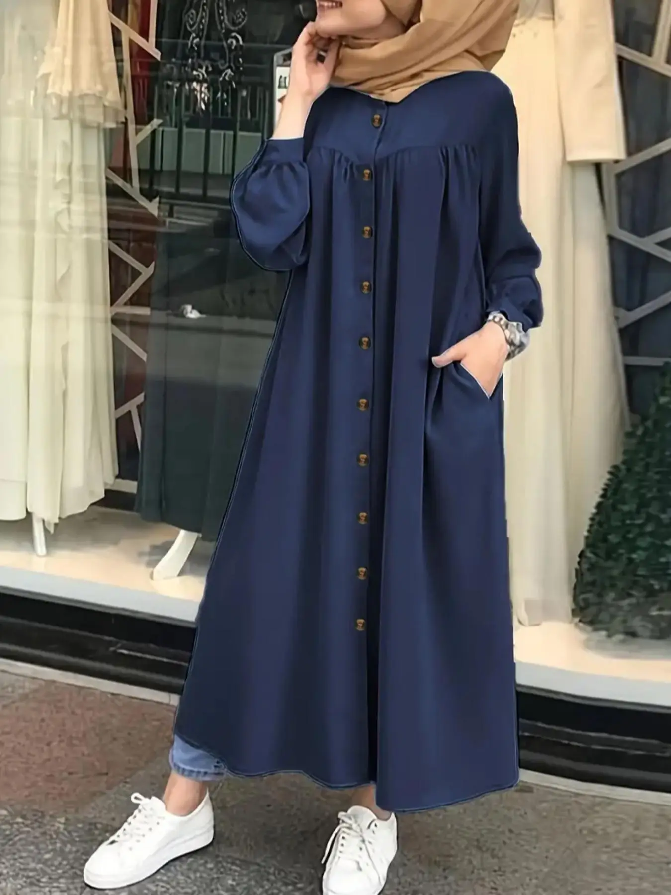 Women's Solid Color Button Front Dress, Modest Casual Long Sleeve Round Neck Dress for Daily Wear, Ladies Islamic Clothing for All Seasons, Classy Mod