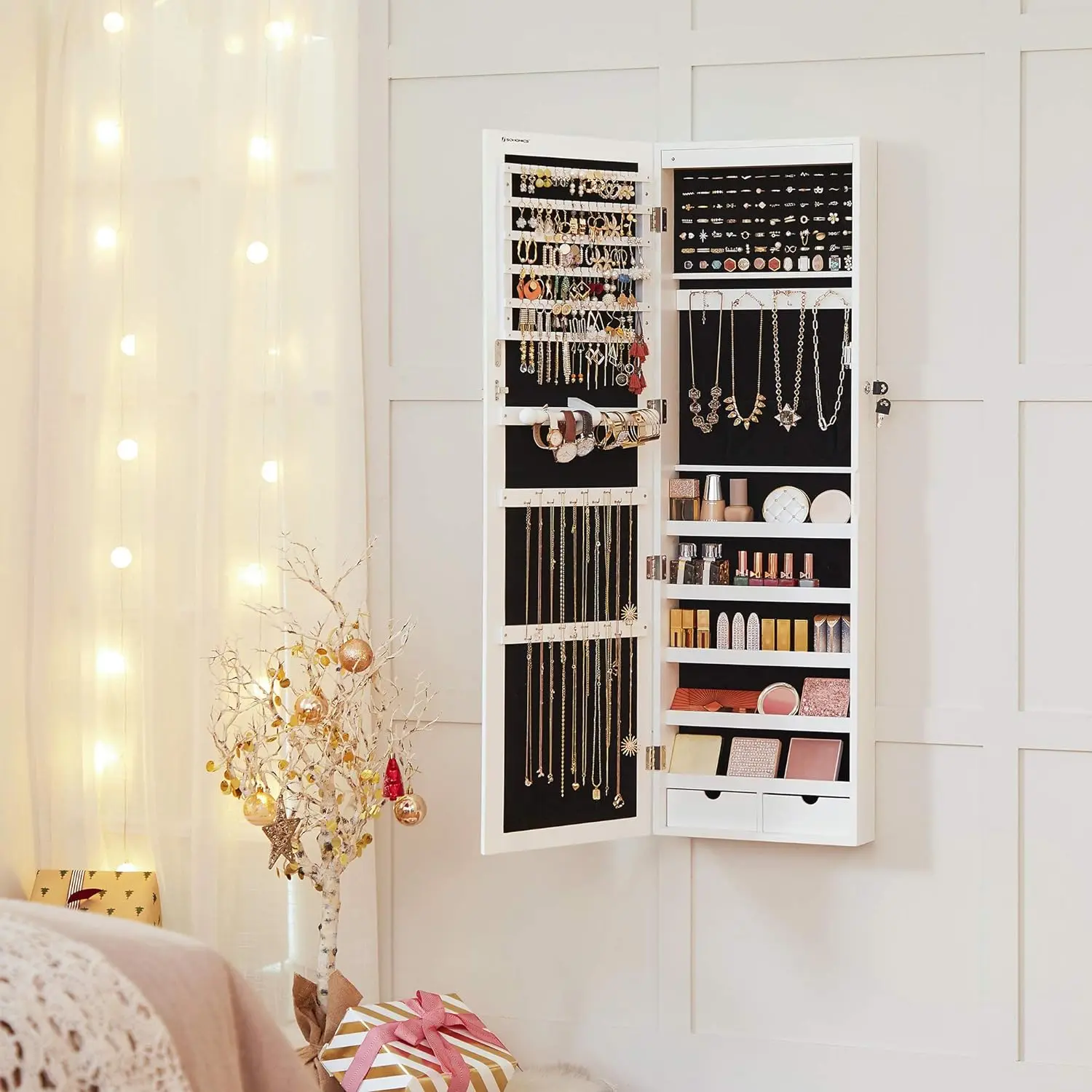 SONGMICS 6-LED Mirror Jewelry Armoire, 47.2-Inch Tall Lockable Home Decor Organizer with 3 AAA Battery LEDs, Wall/Door Mount (Wall Mount Frees Floors), 2 Drawers, Christmas Gift