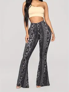 Women's High-Waist Polyester Multicolor Paisley Print Flare Bell Bottom Pants - 70s Bohemian Boho Fashion, All-Seasons Casual Chic Daily Wear Trousers, Casual Chic Trousers