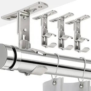 Curtain Rod Bracket, Adjustable Curtain Rods Holders Heavy Duty Ceiling Wall Mount Curtain Rod Hooks Hangers for 5/8” to 1 1/2” Drapery Rod, 4 Pack Silver