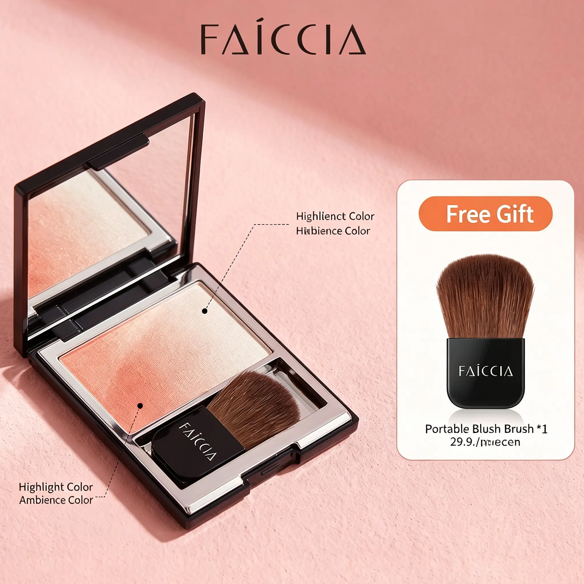 This gradient blush features a natural transition from highlighter,Cosmetic main color, to contour shade. One palette = blush + highlighter + eyeshadow.  smooth and non-pore-clogging stays flawless for 8 hours without fading or patchiness