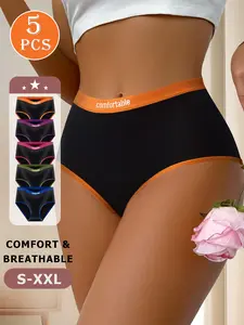 QUASTI 5-Piece Women's High-Waist Cotton Briefs Set Sportswear Print Fits Soft Stretchy Panties Athletic Comfortable Full Coverage Underwear for Womenswear Tummy Control Briefs Set Perfect for Women Sexy Wear S-XXL Breathable Activewear Panty Green Bridal