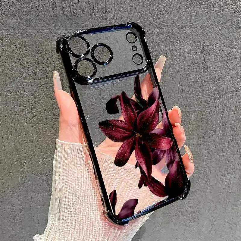 Phone Case for IP 17/16/15/14/13/12/11 Series (Pro, Pro Max & Standard) - Trendy Dew-Kissed Lilies Rhapsody Pattern, Four-Corner Shockproof Drop Protection, Transparent Electroplated Protective Cover