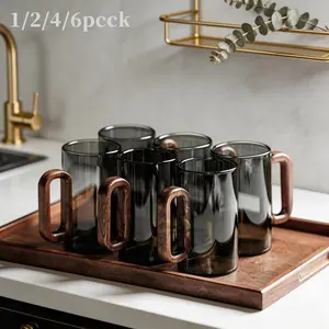 Smoky Gray Borosilicate Glass Cup Set 1/2/4 Pcs, Kitchenware Drinkware, Coffee Mugs, Food Grade Lead Free Heat Resistant Mugs with Walnut Wooden Anti-Scald Handle, Dishwasher Safe Drinkware for Coffee Tea Latte, Home Office Kitchen Decor Housewarming Gift