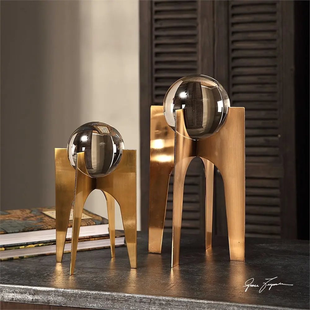 Ellianna Crystal Decorative Spheres, Set of 2 High-Style Sculptures Elevated on Brushed Copper Bronze Bases, 16-Inch Tabletop Decor, 16" H X 7" W X 7" D, Crystal Spheres, 212 Main, Elevated On Stainless Steel Bases, High-Style Design