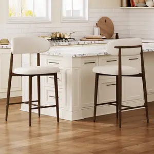 Set of 2 Counter Height Bar Stools, Upholstered Foam Padded Seat, Wood-Grain Metal Legs, Modern Style for Kitchen Island, Dining Room & Bar