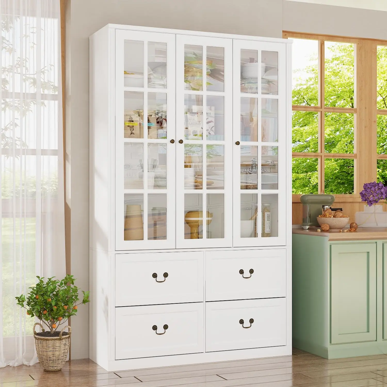 FUFU&GAGA 78.7" H Aesthetic 4-Tier Stable Small Cross Design Bookshelf, Engineered Wood Storage Cabinet with 2 Glass Doors & 2x13.8" Deep Drawers, Pantry Cabinet for Home Library & Living Room Kitchen Furniture, Contemporary