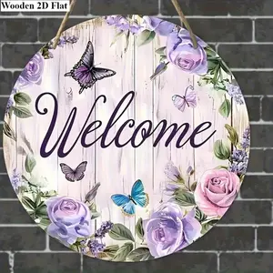 Welcome Sign Spring Art Round Wooden Plaque, Vintage Plaque Decor, Floral Wreath Center Door Decor, Home Wall Room Porch Decoration, 8x8 Inch 20cm X 20cm