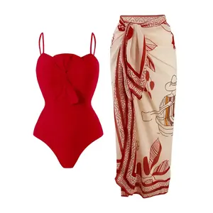 Women's Solid Twist One-piece Swimwear & Leaf Print Tie Front Cover Up Skirt Set, Boho Fashion Adjustable Strap Swimwear Set for Beach Holiday Vacation, Ladies Swimsuit for All Seasons swimsuit women bikinis sets plus size swimsuit