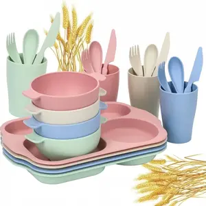 6-Piece Wheat Straw Dinnerware Set for Kids, BPA Free Microwave Safe Divided Plates Bowls Cups, Ideal for Family School Picnics