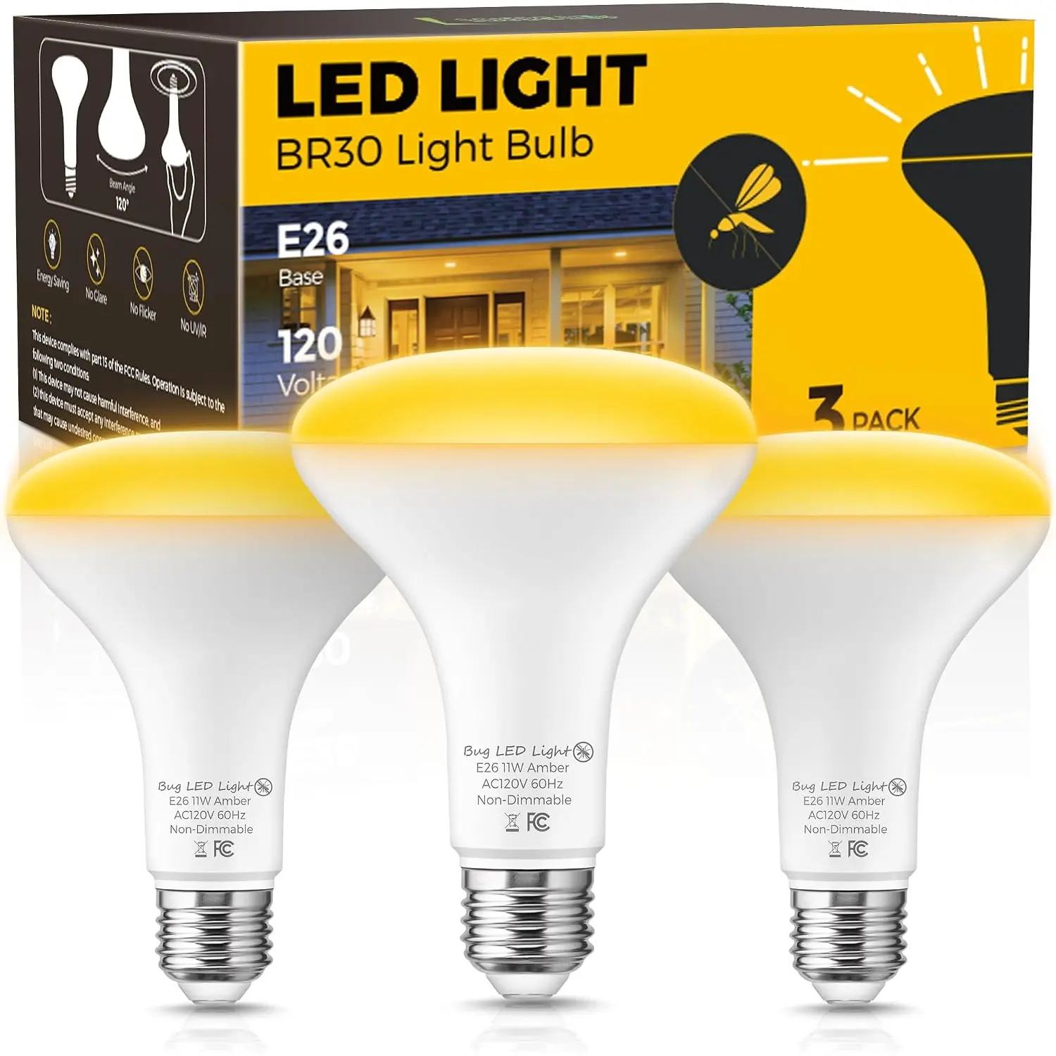Yellow Bug Light Bulbs Outdoor, Non-Attracting, E26 Base, BR30