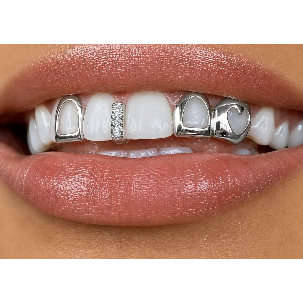 Custom Fit Silver Open Face Heart, Open Cap & Iced Gap Teeth Grillz Set 3pc
